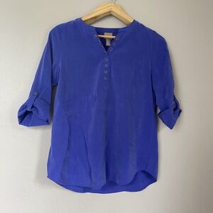 Chico's Silky Chic Grommet Trimmed Placket 3/4 Slv Magnetic Blue Blouse Size 0/S
